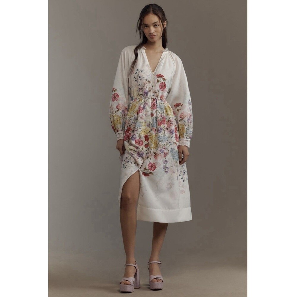 Anthropologie Let Me Be Long Sleeve Classy V Neck Floral A Line Midi Dress Md
